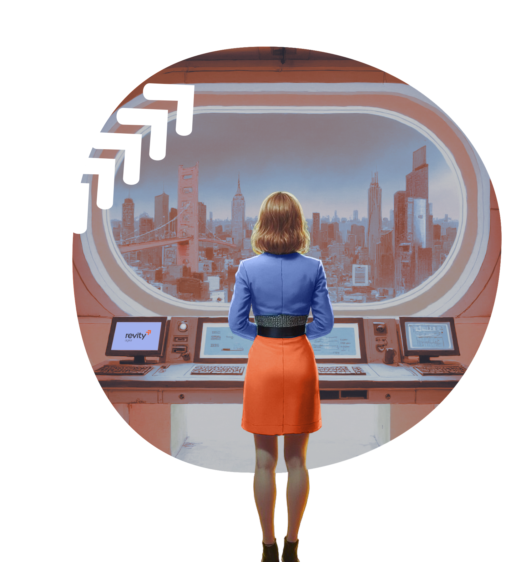 Woman standing at a console