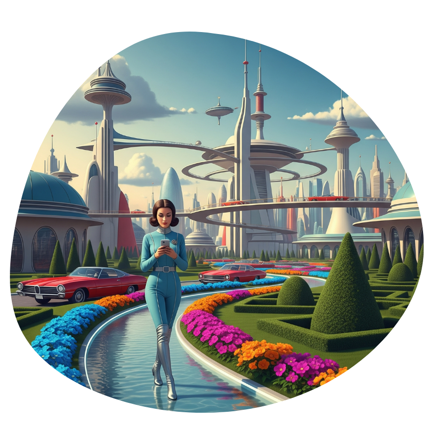A female SEO walking on a water pathway checking her phone in a futuristic scene representing new trends in search and AI